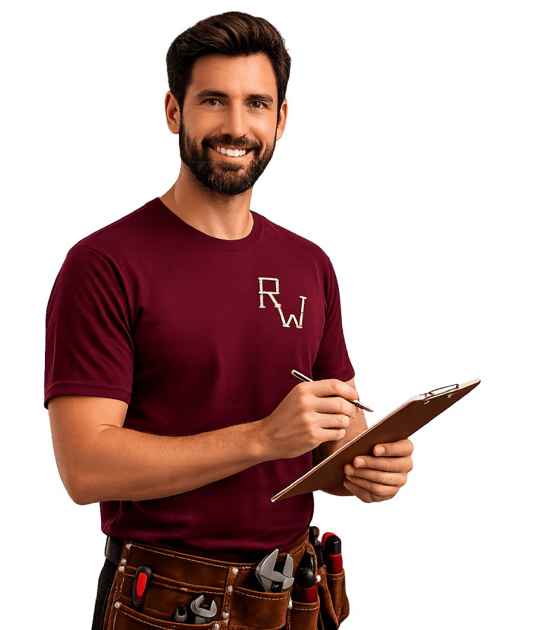 Professional Rinkwell Plumbing technician wearing a branded maroon company T-shirt and tool belt while holding a clipboard against a black background
